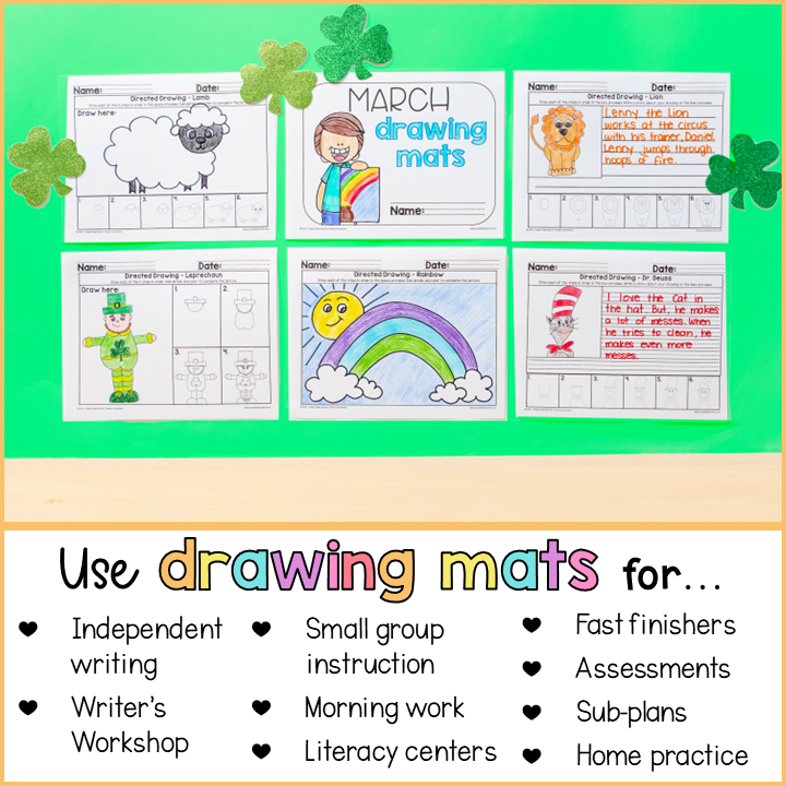 Spring Directed Drawings for March | How to draw a leprechaun, rainbow, lion, lamb, cat in hat