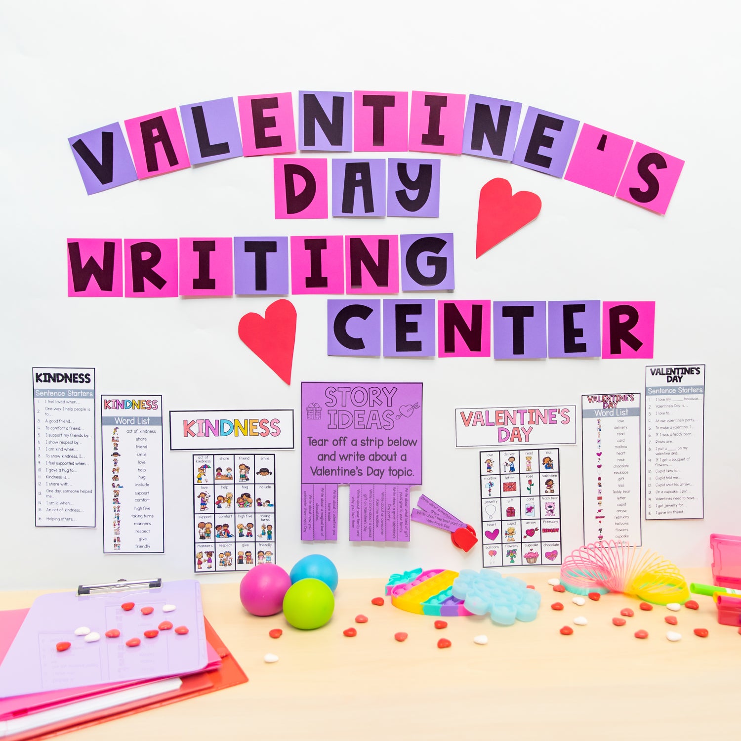 February Writing Center Prompts, Activities, Posters - Valentine's Day, Kindness