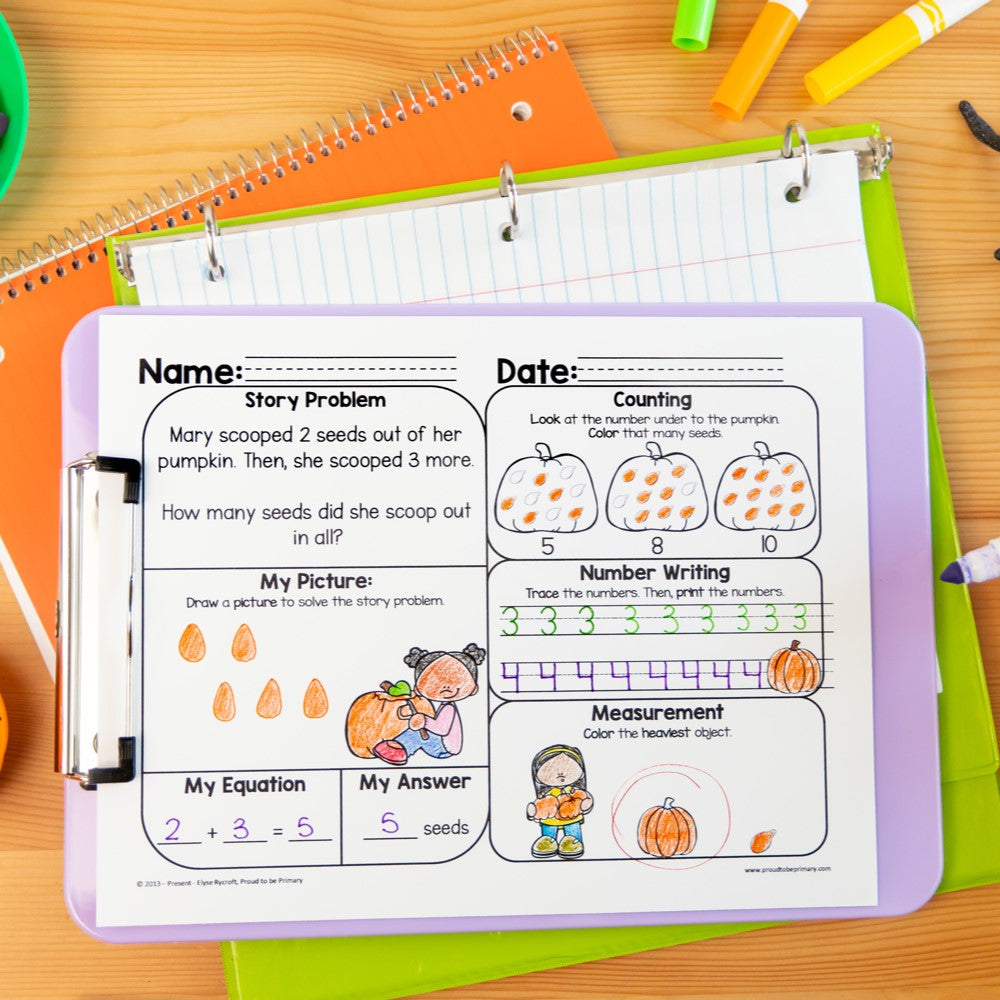 October Kindergarten Math Spiral Review Worksheets for Fall