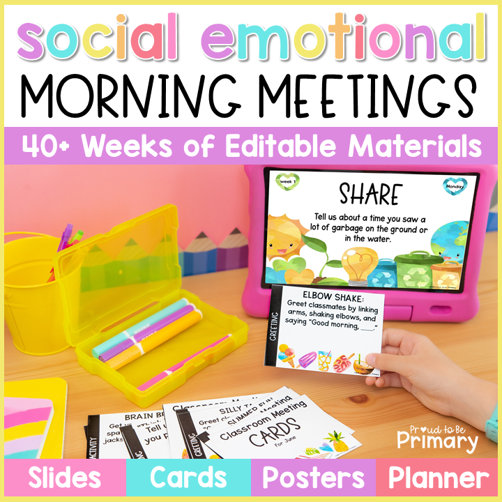 Morning Meeting Social-Emotional Learning Slides + Cards Bundle