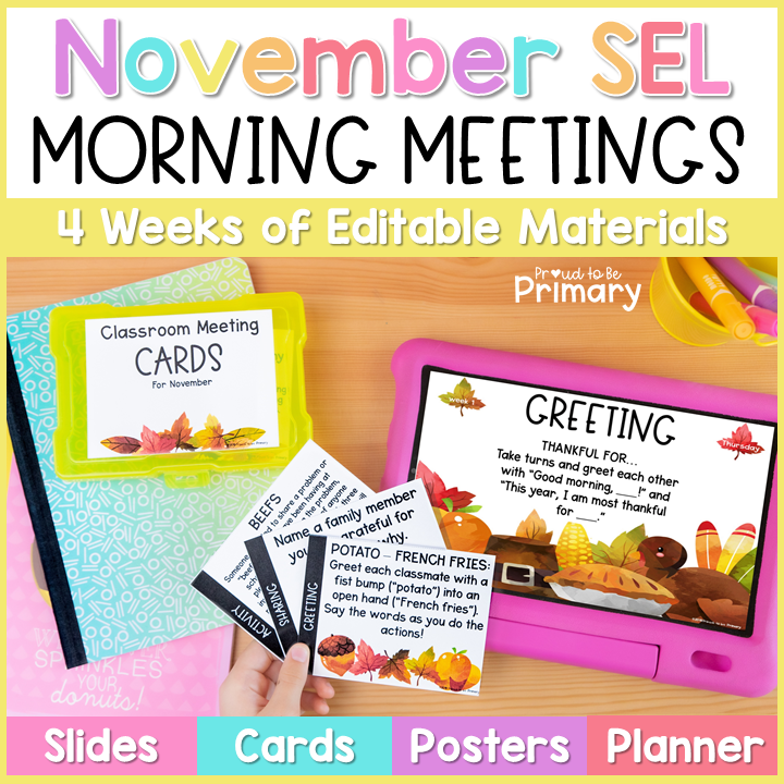 Morning Meeting Slides, Cards, Posters for November