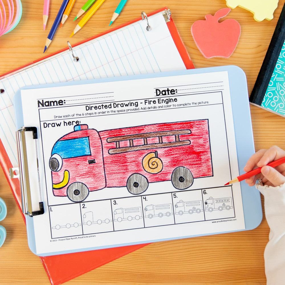 Back to School Fall Directed Drawings | how to draw a bus, boy, girl, fire engine, apple tree